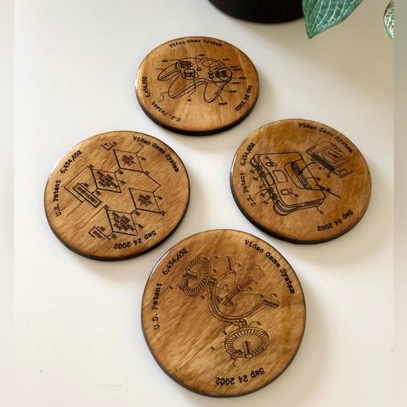 4x Unique Nintendo 64 Patent 3.5” Coasters, Engraved Wood, Handmade - Picture 2 of 8